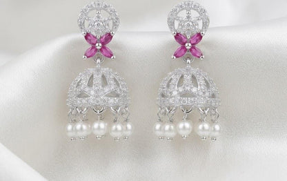 Silver-Plated CZ Jhumka Earrings with Pink Marquise Stones & Pearl Drops