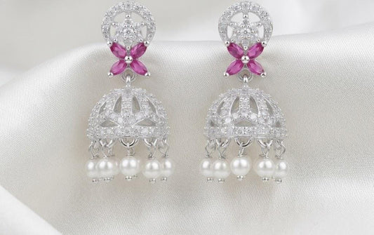 Silver-Plated CZ Jhumka Earrings with Pink Marquise Stones & Pearl Drops