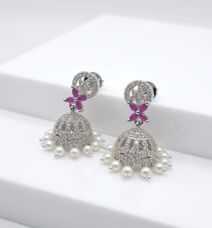 Silver-Plated CZ Jhumka Earrings with Pink Marquise Stones & Pearl Drops
