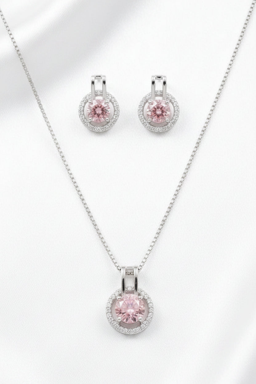 Silver-Tone Pink Zircon Halo Pendant Necklace & Stud Earrings Jewelry Set