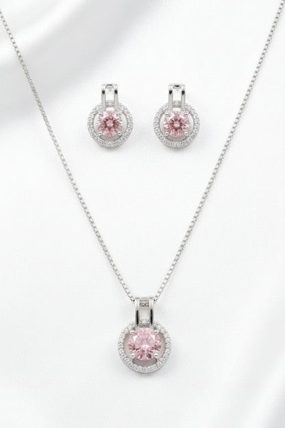 Silver-Tone Pink Zircon Halo Pendant Necklace & Stud Earrings Jewelry Set