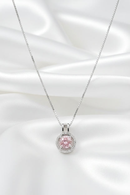 Silver-Tone Pink Zircon Halo Pendant Necklace & Stud Earrings Jewelry Set