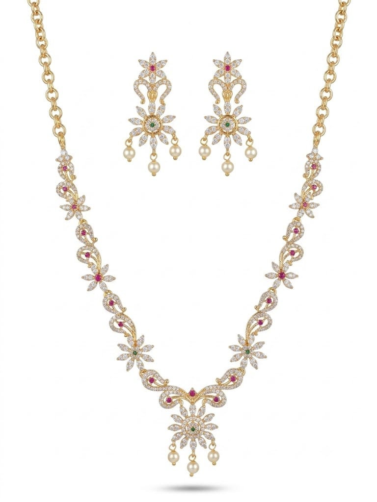Luxury Floral CZ Necklace Set with Pearl Drops | Gold-Plated Bridal Jewelry Set