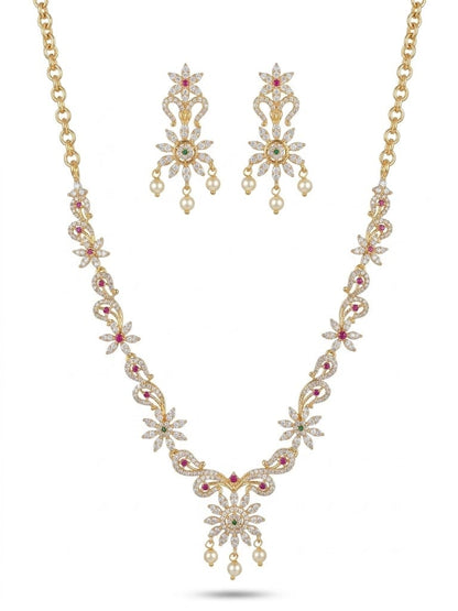 Luxury Floral CZ Necklace Set with Pearl Drops | Gold-Plated Bridal Jewelry Set