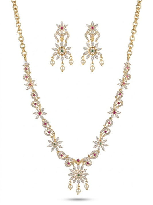 Luxury Floral CZ Necklace Set with Pearl Drops | Gold-Plated Bridal Jewelry Set