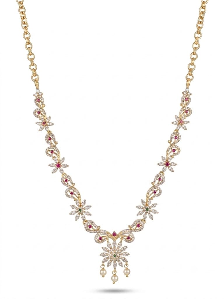 Luxury Floral CZ Necklace Set with Pearl Drops | Gold-Plated Bridal Jewelry Set