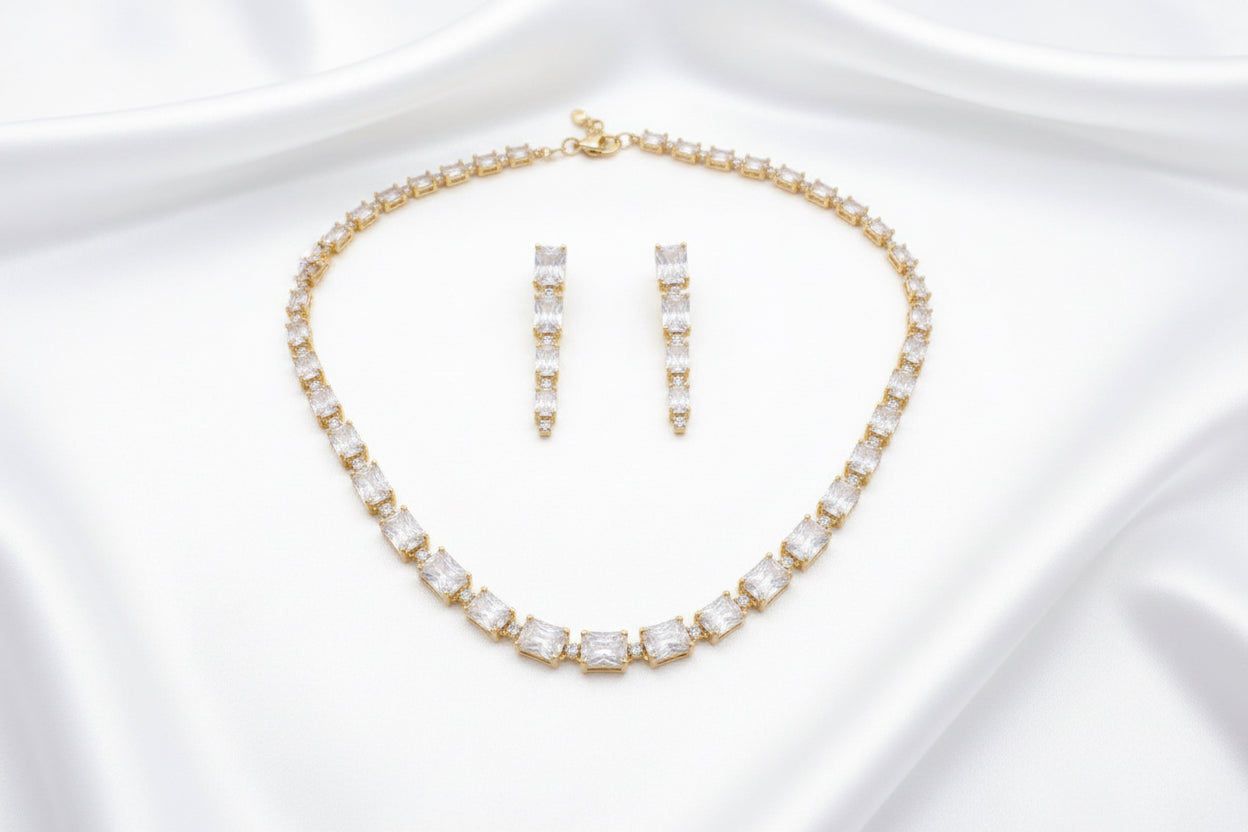 Gold-Plated Emerald Cut Cubic Zirconia Tennis Necklace & Earrings Set