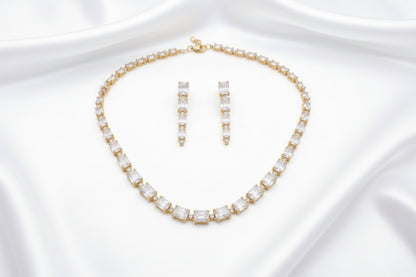 Gold-Plated Emerald Cut Cubic Zirconia Tennis Necklace & Earrings Set