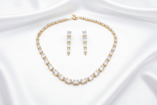 Gold-Plated Emerald Cut Cubic Zirconia Tennis Necklace & Earrings Set
