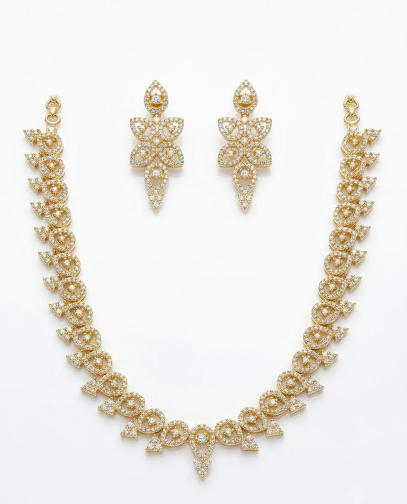 Gold-Plated CZ Teardrop Floral Necklace & Earrings Set | Elegant Bridal Jewelry