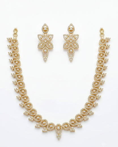 Gold-Plated CZ Teardrop Floral Necklace & Earrings Set | Elegant Bridal Jewelry