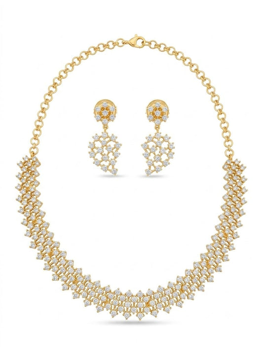 Gold-Plated CZ Floral Statement Necklace & Dangle Earrings Set | Bridal Party Jewelry