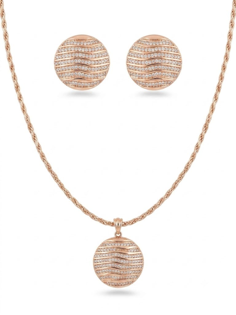 Rose Gold Wave Design Zircon Pendant Necklace & Stud Earrings Jewelry Set