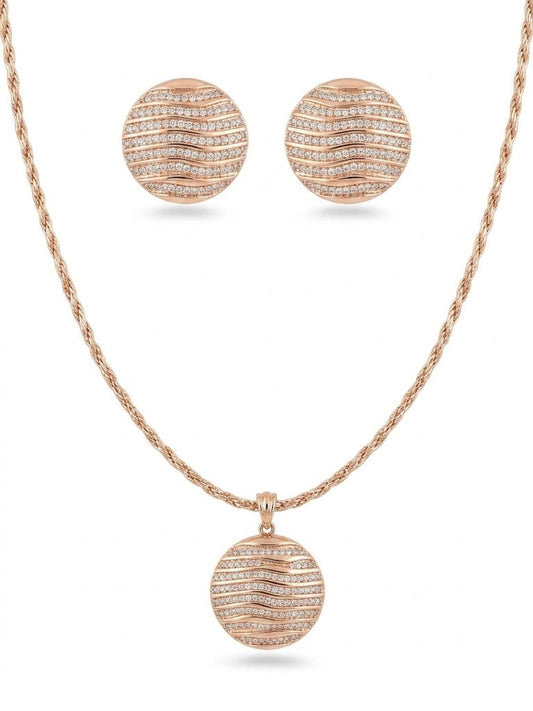 Rose Gold Wave Design Zircon Pendant Necklace & Stud Earrings Jewelry Set