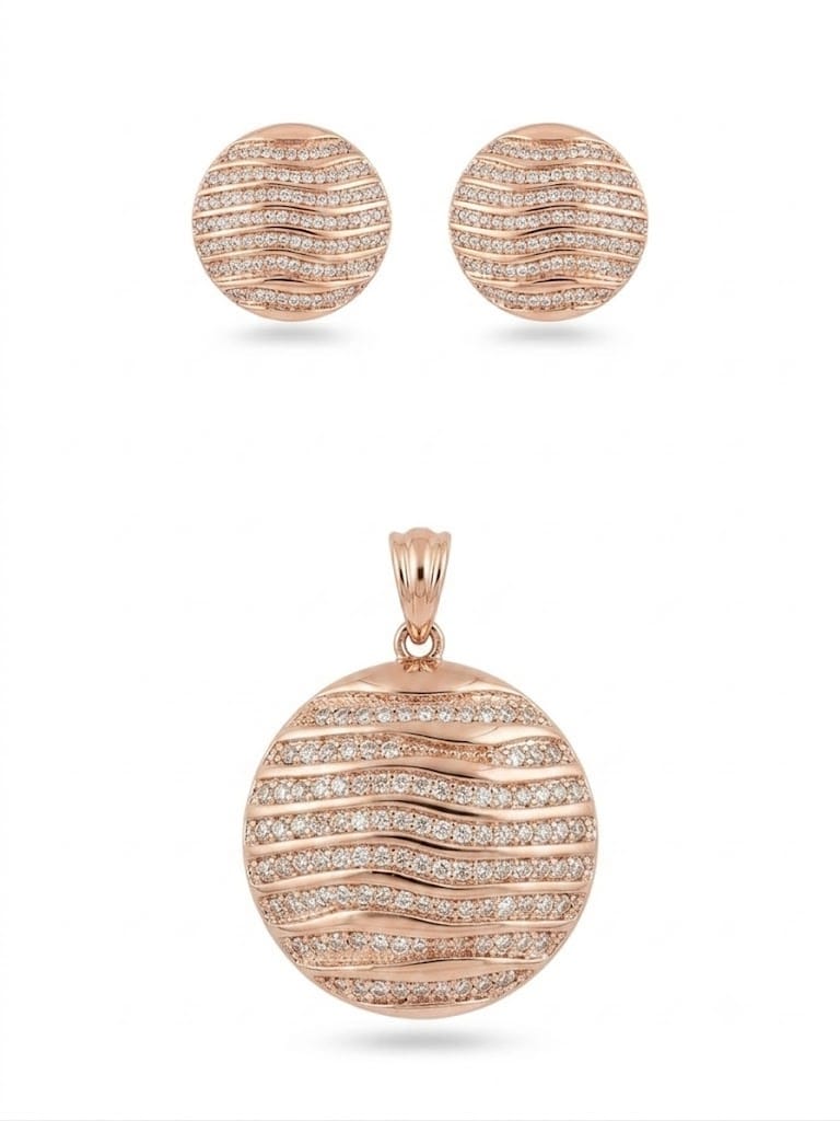 Rose Gold Wave Design Zircon Pendant Necklace & Stud Earrings Jewelry Set