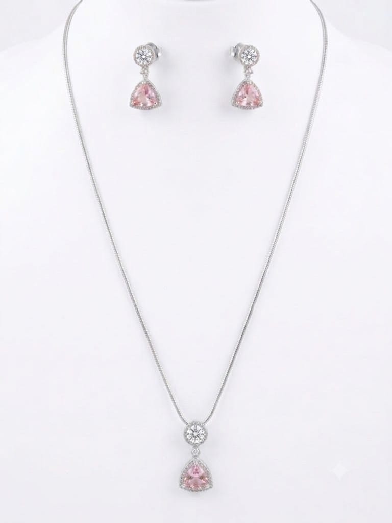 Silver-Tone Pink Heart CZ Pendant Necklace & Drop Earrings Set | Elegant Jewelry for Women