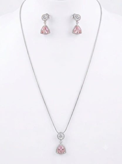 Silver-Tone Pink Heart CZ Pendant Necklace & Drop Earrings Set | Elegant Jewelry for Women