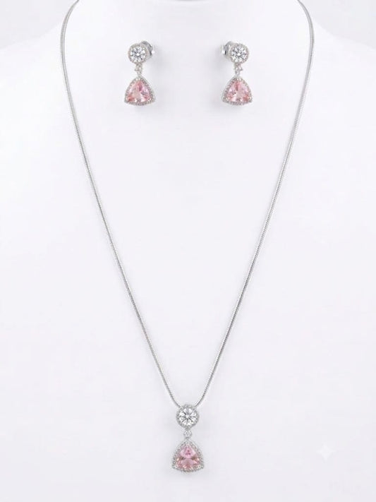 Silver-Tone Pink Heart CZ Pendant Necklace & Drop Earrings Set | Elegant Jewelry for Women