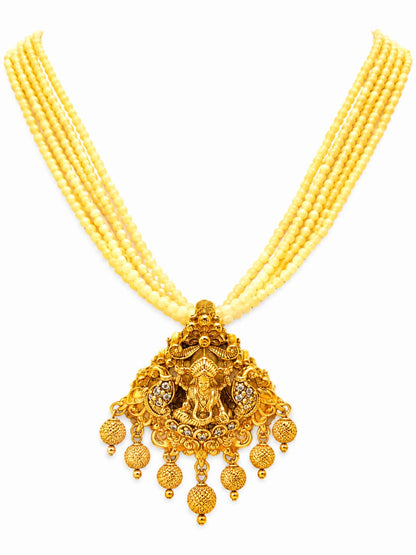 Ivory Multi-Strand Beaded Lakshmi Temple Necklace Set | Antique Gold Plated Traditional Bridal Jewelry