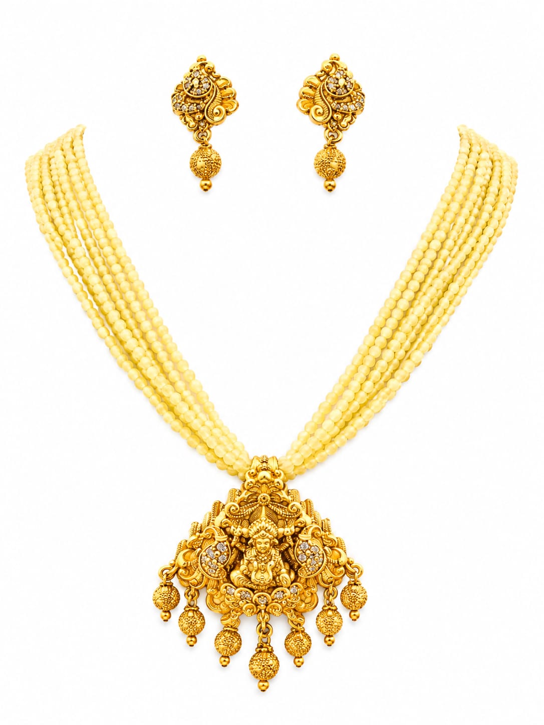 Ivory Multi-Strand Beaded Lakshmi Temple Necklace Set | Antique Gold Plated Traditional Bridal Jewelry