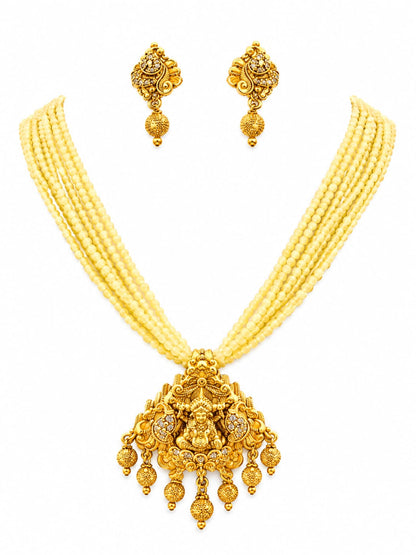 Ivory Multi-Strand Beaded Lakshmi Temple Necklace Set | Antique Gold Plated Traditional Bridal Jewelry