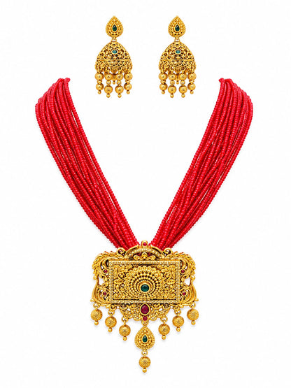 Red Multi-Strand Beaded Antique Necklace Set | Gold Plated Statement Pendant with Jhumka Earrings