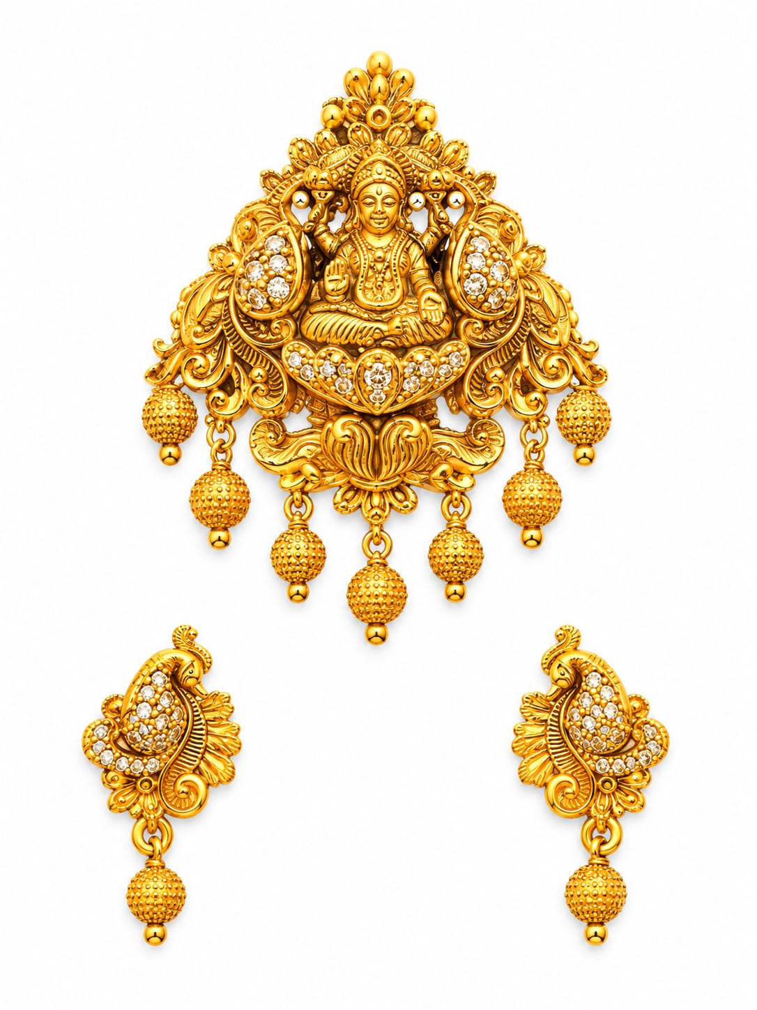 Ivory Multi-Strand Beaded Lakshmi Temple Necklace Set | Antique Gold Plated Traditional Bridal Jewelry
