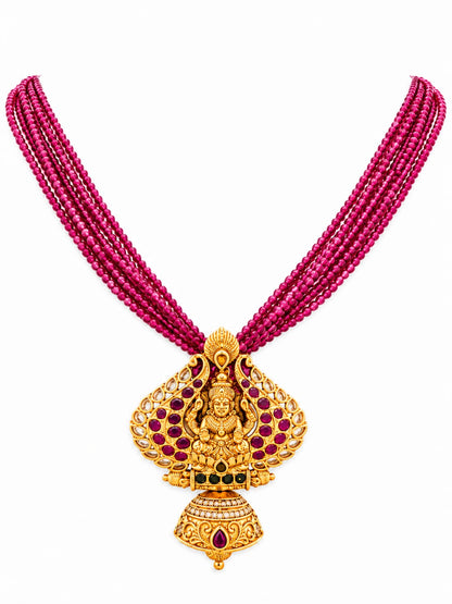Magenta Multi-Strand Beaded Lakshmi Temple Necklace Set | Antique Gold Plated Traditional Bridal Jewelry