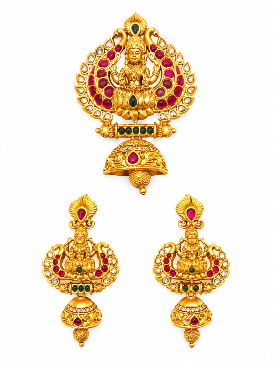 Magenta Multi-Strand Beaded Lakshmi Temple Necklace Set | Antique Gold Plated Traditional Bridal Jewelry