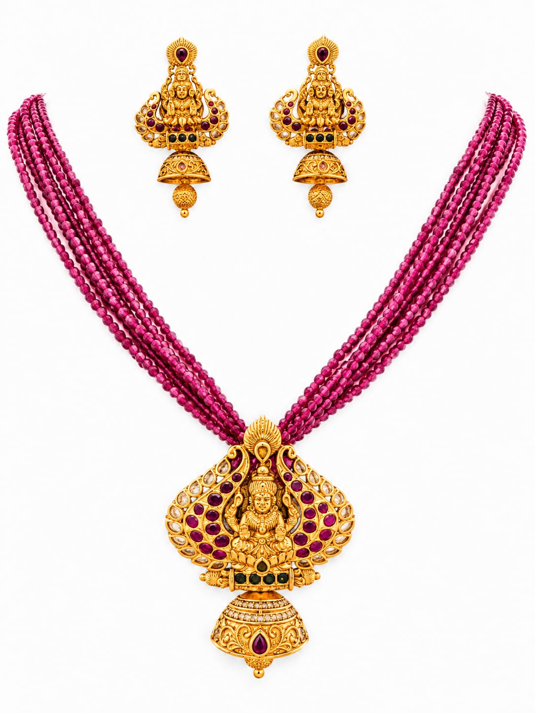 Magenta Multi-Strand Beaded Lakshmi Temple Necklace Set | Antique Gold Plated Traditional Bridal Jewelry