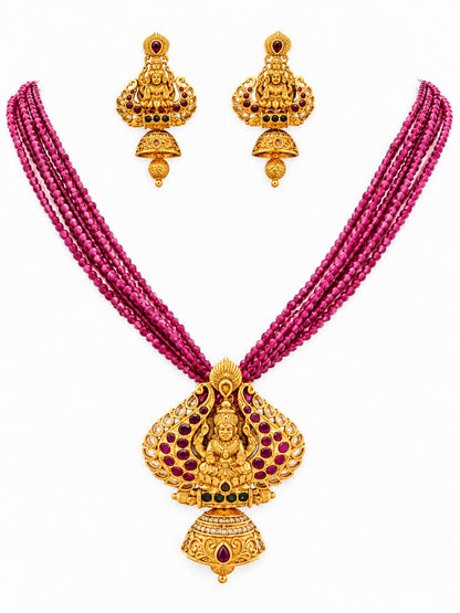 Magenta Multi-Strand Beaded Lakshmi Temple Necklace Set | Antique Gold Plated Traditional Bridal Jewelry