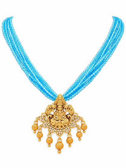 Sky Blue Beaded Lakshmi Temple Necklace Set with Matching Earrings