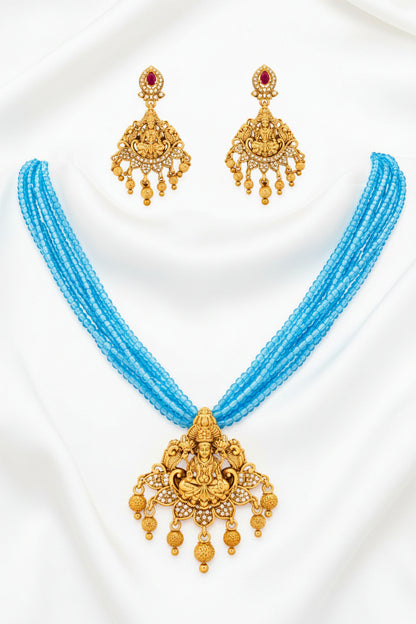 Sky Blue Beaded Lakshmi Temple Necklace Set with Matching Earrings