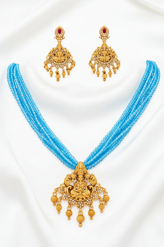 Sky Blue Beaded Lakshmi Temple Necklace Set with Matching Earrings