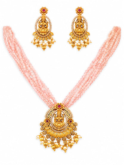 Pink Multi-Strand Beaded Lakshmi Temple Necklace Set | Antique Gold Plated Traditional Jewelry