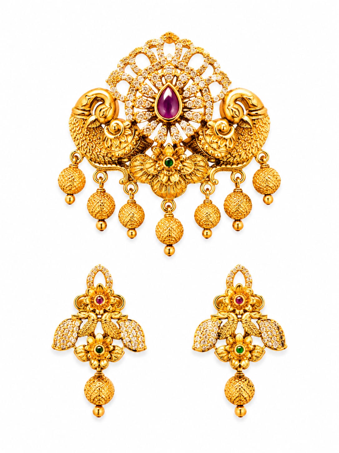 Antique Gold Peacock Pendant Necklace Set | Traditional Temple Necklace with Matching Earring