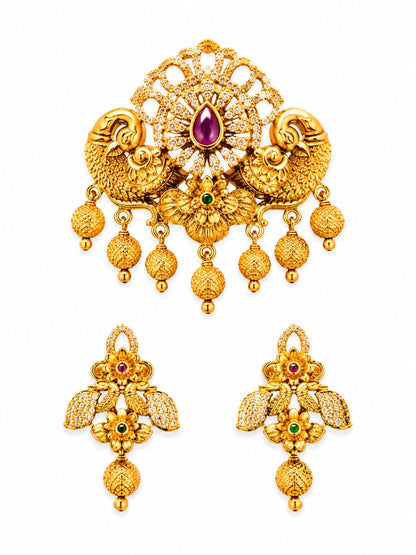 Antique Gold Peacock Pendant Necklace Set | Traditional Temple Necklace with Matching Earring