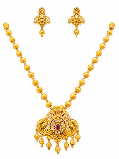 Antique Gold Peacock Pendant Necklace Set | Traditional Temple Necklace with Matching Earring
