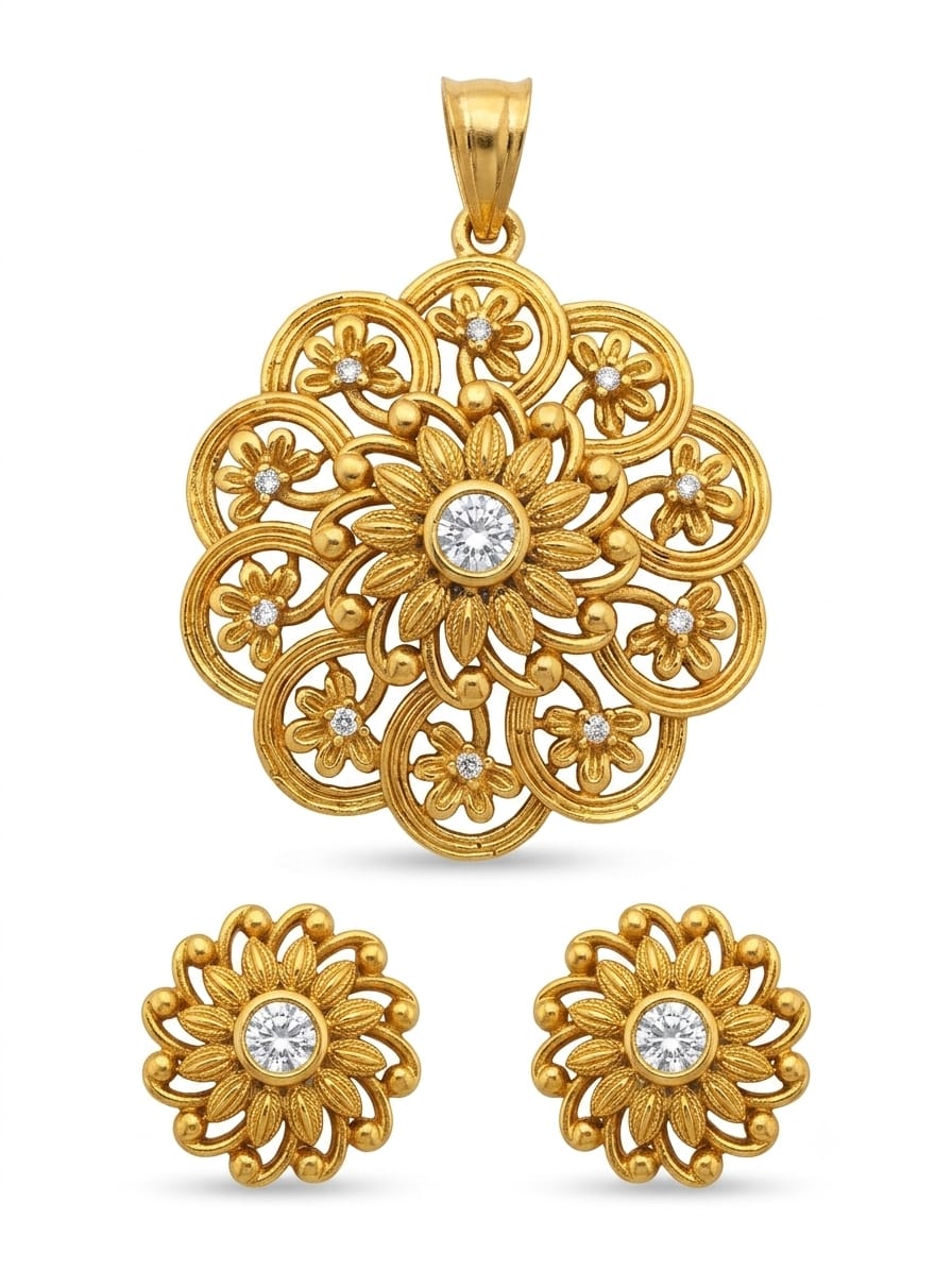 Traditional Black Beaded Floral Mangalsutra Set | Gold Plated Flower Pendant Necklace with Stud Earrings