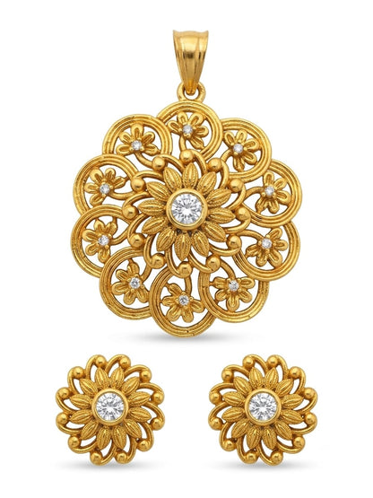 Traditional Black Beaded Floral Mangalsutra Set | Gold Plated Flower Pendant Necklace with Stud Earrings