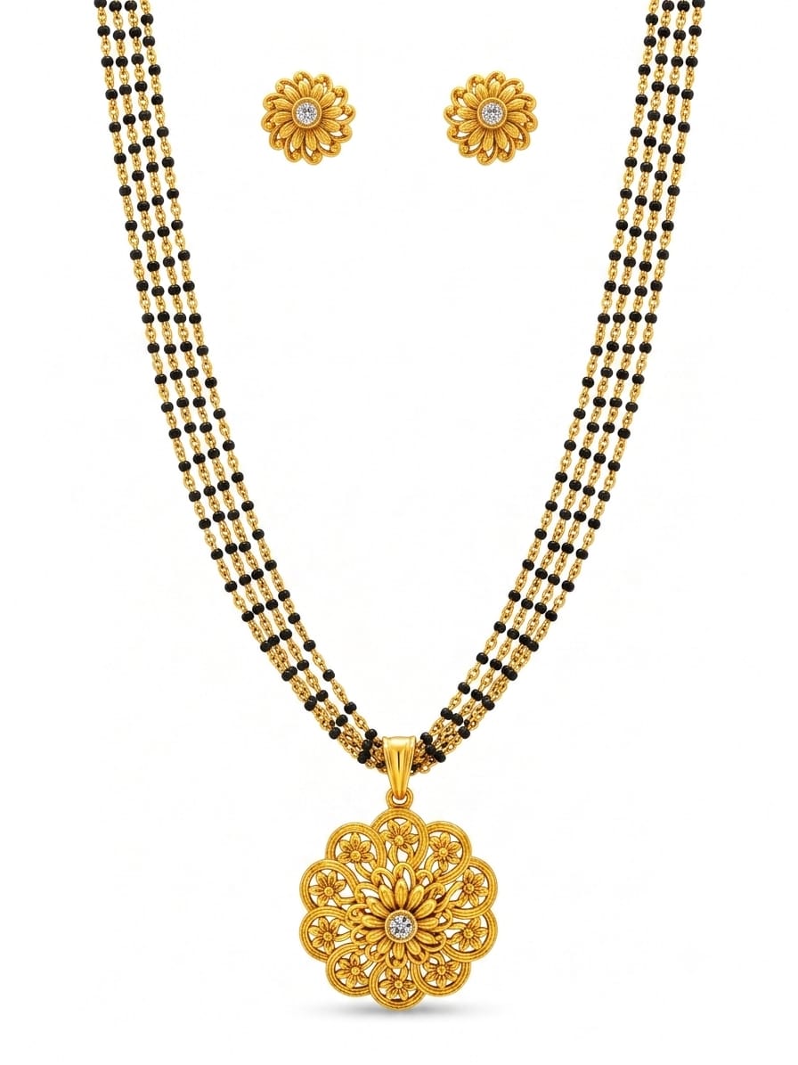 Traditional Black Beaded Floral Mangalsutra Set | Gold Plated Flower Pendant Necklace with Stud Earrings