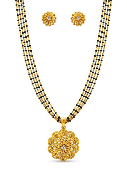 Traditional Black Beaded Floral Mangalsutra Set | Gold Plated Flower Pendant Necklace with Stud Earrings