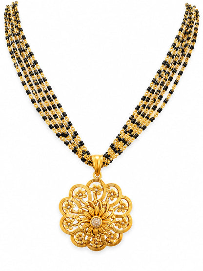 Traditional Black Beaded Floral Mangalsutra Set | Gold Plated Flower Pendant Necklace with Stud Earrings