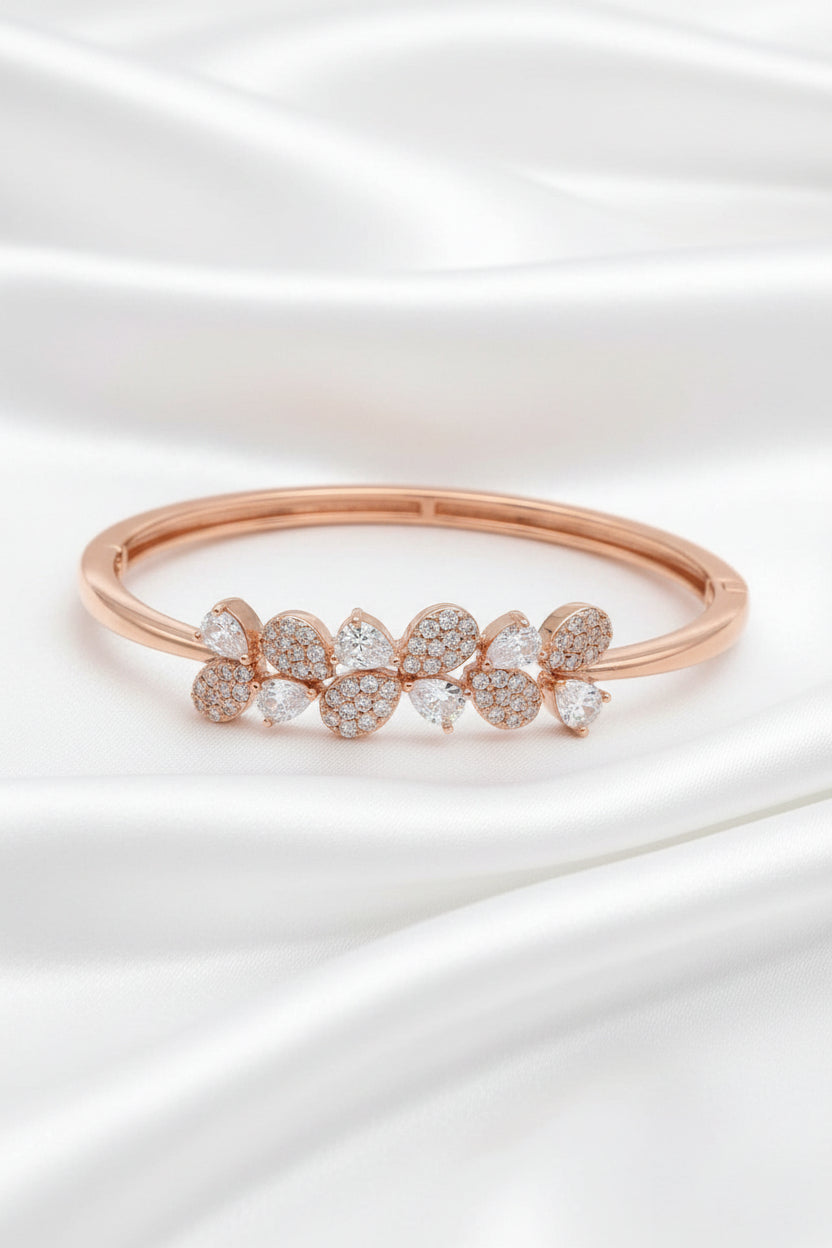 Rose Gold Floral Zircon Open Bangle Bracelet for Women | Elegant Crystal Leaf Cuff | Fashion Bracelet