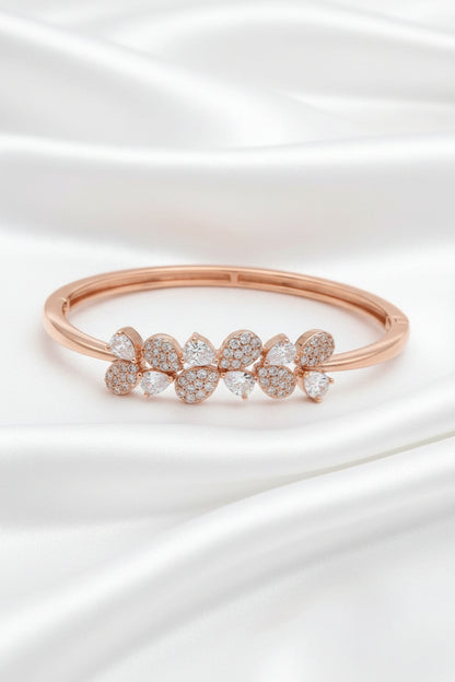 Rose Gold Floral Zircon Open Bangle Bracelet for Women | Elegant Crystal Leaf Cuff | Fashion Bracelet