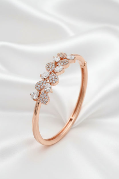 Rose Gold Floral Zircon Open Bangle Bracelet for Women | Elegant Crystal Leaf Cuff | Fashion Bracelet