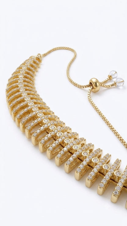 Adjustable Zircon Fishbone Bracelet for Women | Gold & Silver Slider Chain Bracelet | Elegant Crystal Bracelet