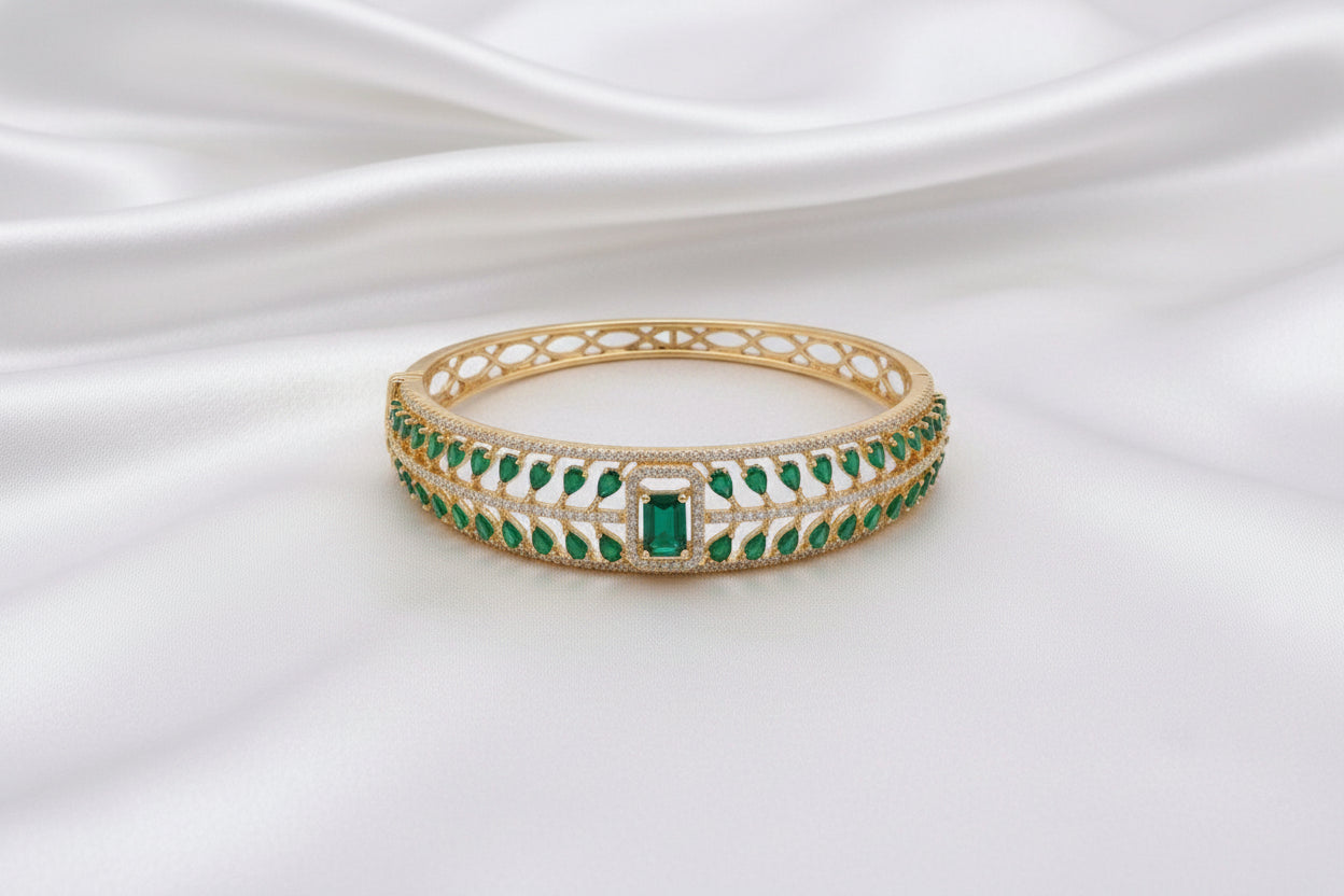 Gold Plated Emerald & Ruby Zircon Designer Bangle for Women | Premium Stone Bracelet | Bridal & Party Wear