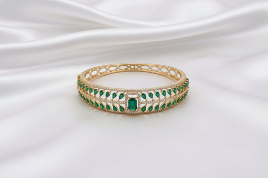 Gold Plated Emerald & Ruby Zircon Designer Bangle for Women | Premium Stone Bracelet | Bridal & Party Wear