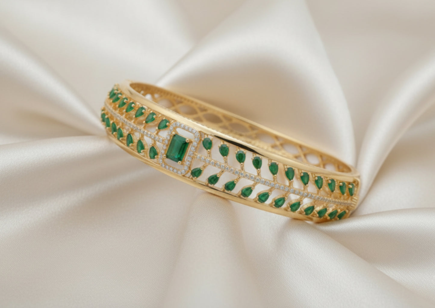 Gold Plated Emerald & Ruby Zircon Designer Bangle for Women | Premium Stone Bracelet | Bridal & Party Wear